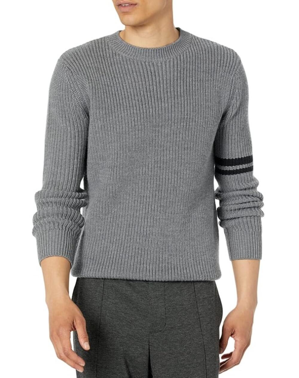 LABEL Mens Go-To Sweater Medium Light Grey Black Knit Crewneck MERINO WOOL  NWT
